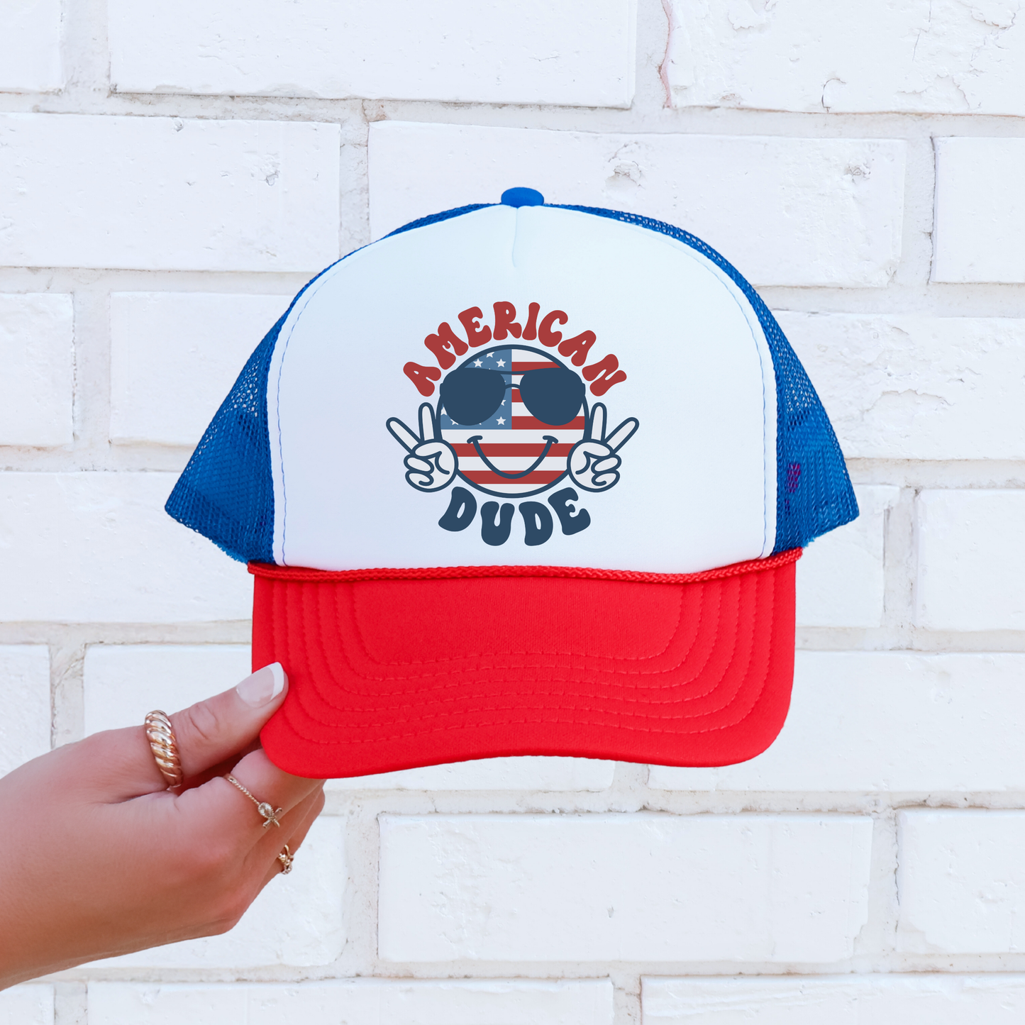 American Dude Trucker Hat π Patriotic Peace Sign Snapback