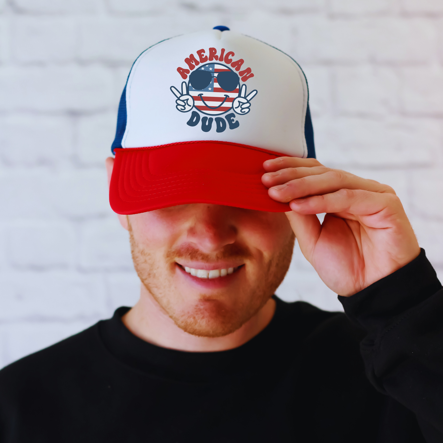 American Dude Trucker Hat π Patriotic Peace Sign Snapback