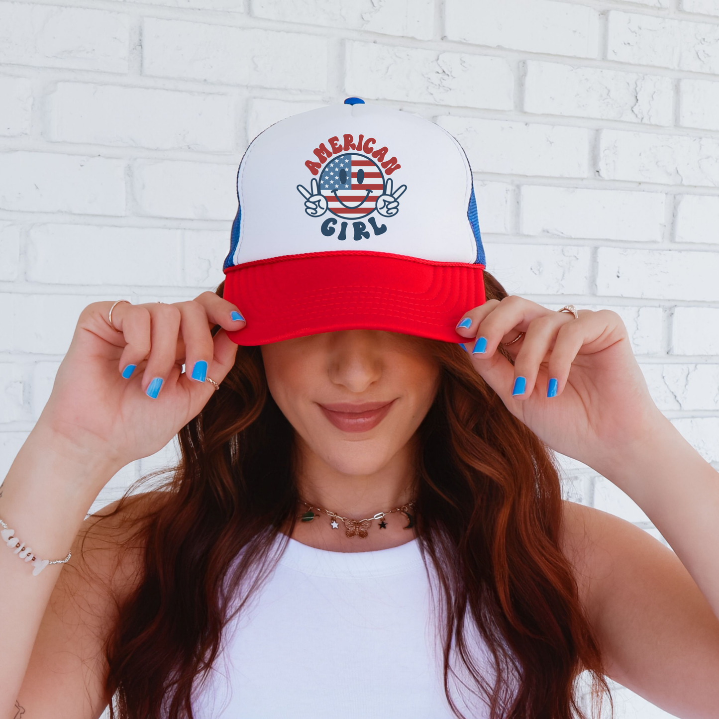 American Girl Trucker Hat ๐ Patriotic Peace Sign Snapback