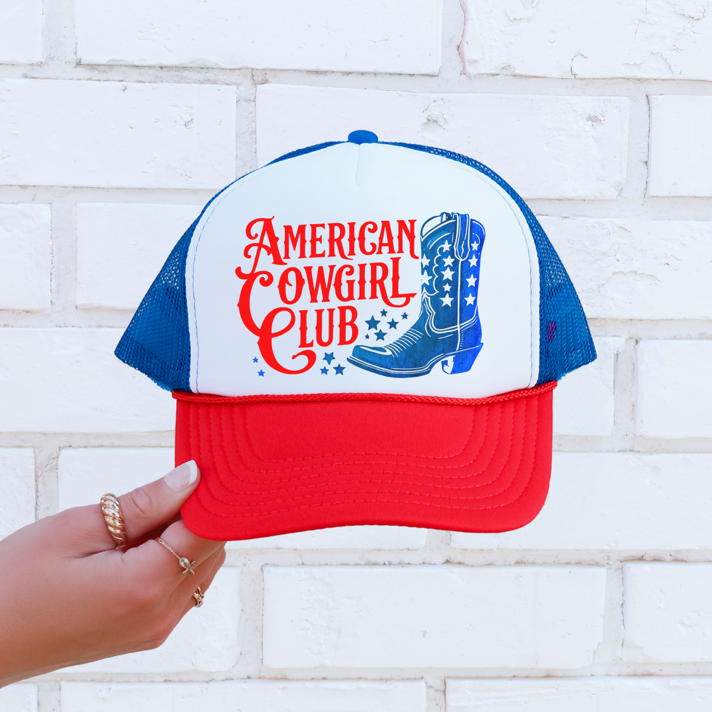 American Cowgirl Club Hat 🤠 Patriotic Rodeo Trucker Cap