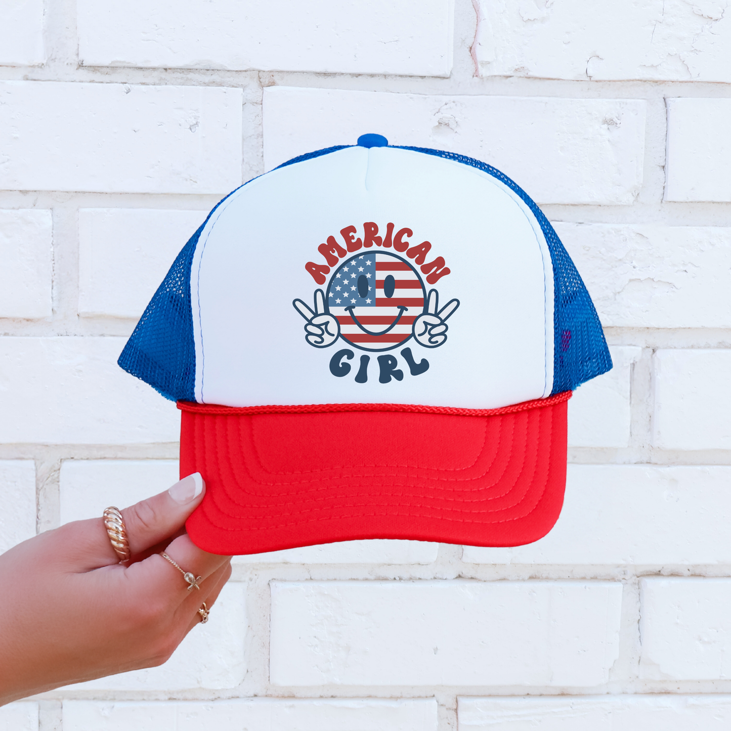 American Girl Trucker Hat ๐ Patriotic Peace Sign Snapback