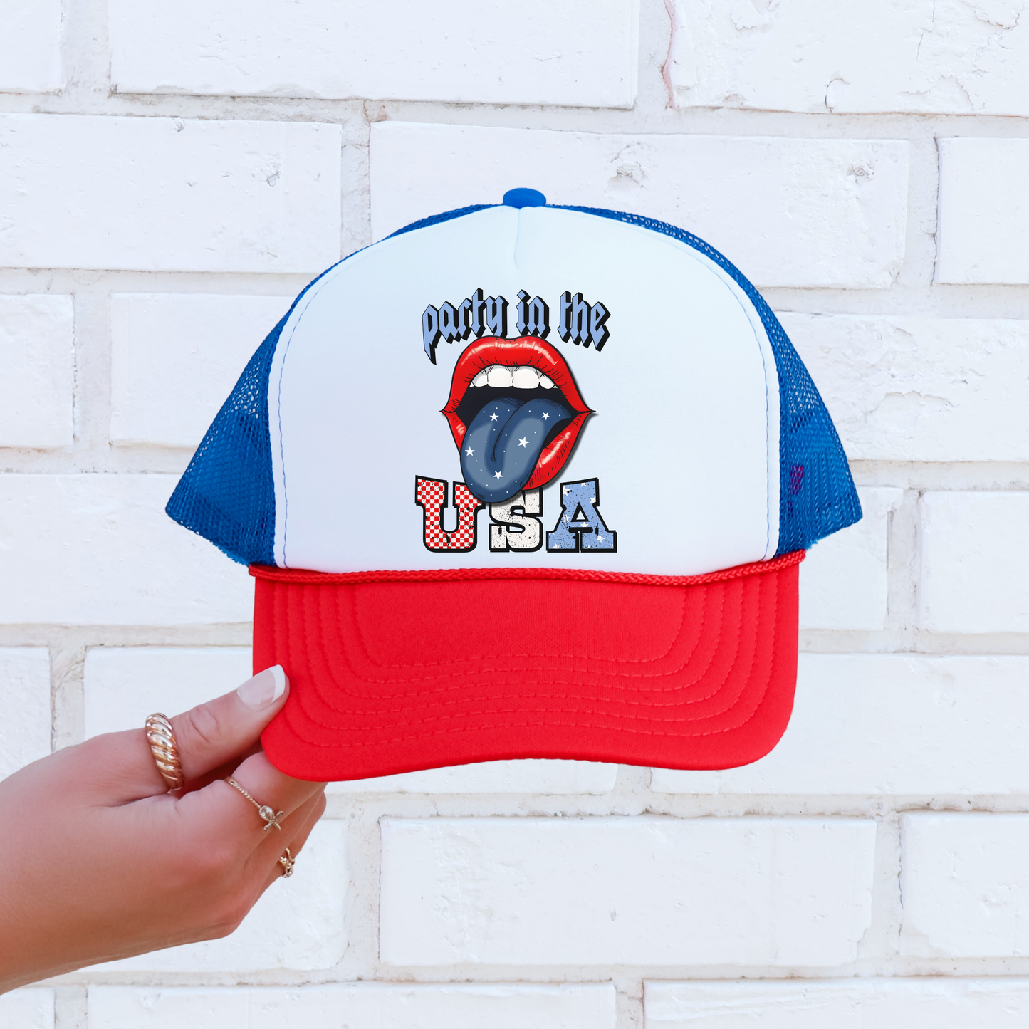 Party in the USA Trucker Hat π Red White Blue Lips Snapback