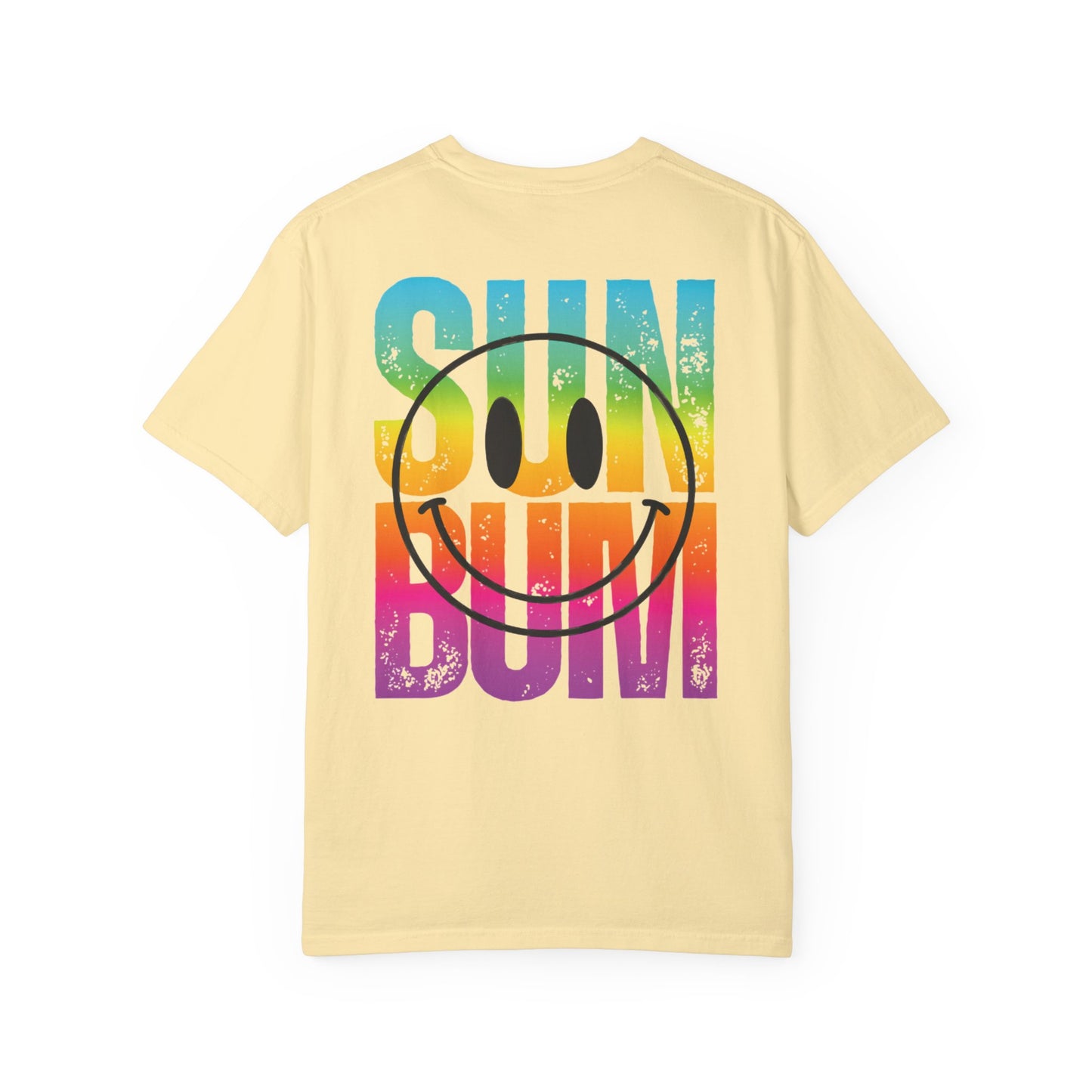 Sun Beach Life Unisex Garment-Dyed T-shirt, Summer, Spring Break, Bum Smiley Face Vacation Shirt, Front and Back Design, Large Back Design