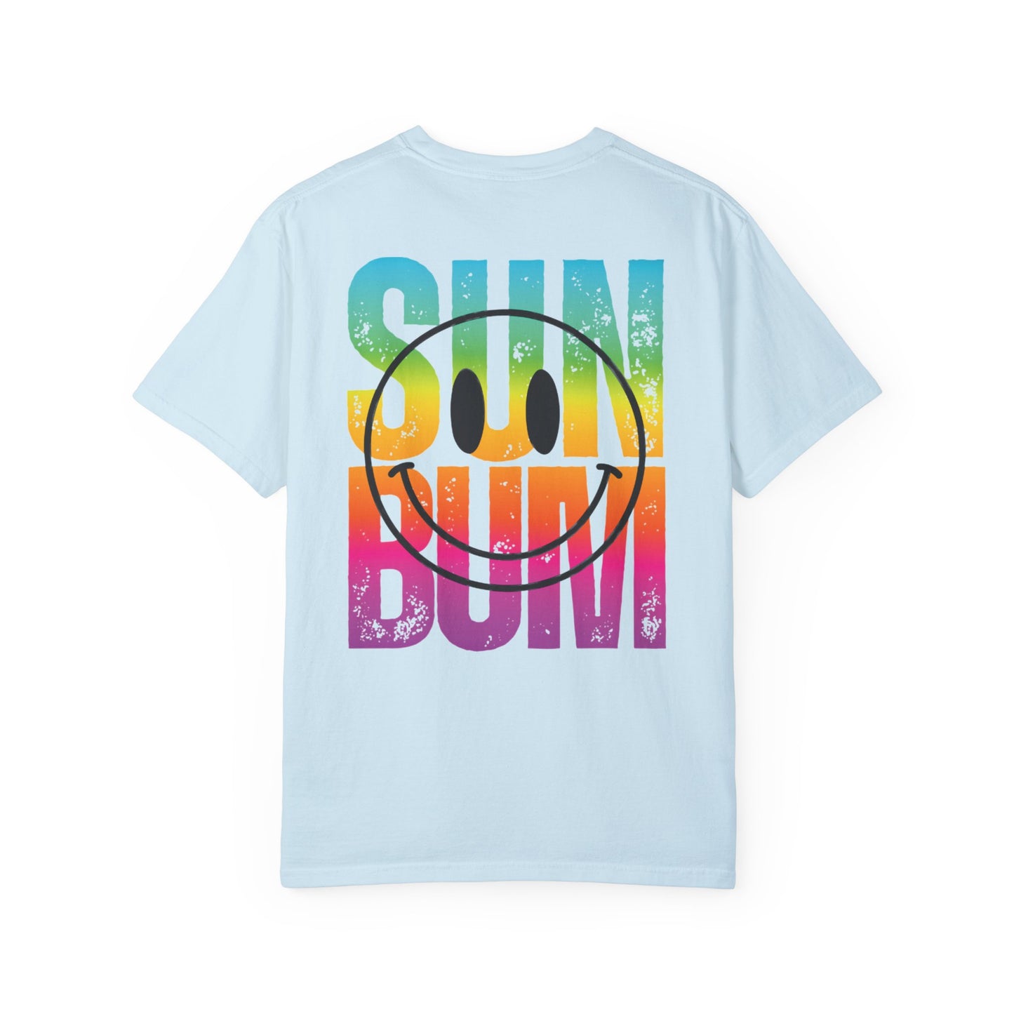 Sun Beach Life Unisex Garment-Dyed T-shirt, Summer, Spring Break, Bum Smiley Face Vacation Shirt, Front and Back Design, Large Back Design