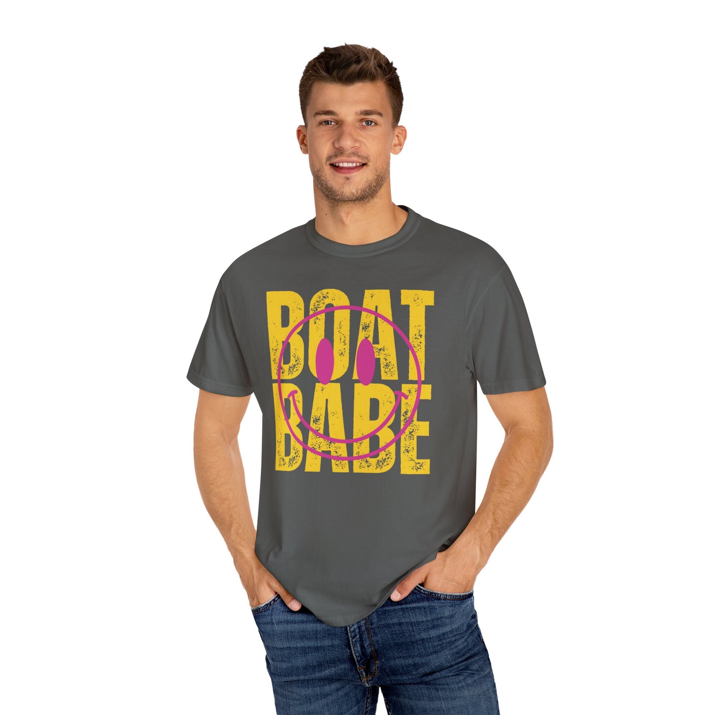 Boat Babe Summer Vacation T-shirt, Smiley Face Tee for Spring Break, Unisex Garment-Dyed Shirt, Girls Trip Tee