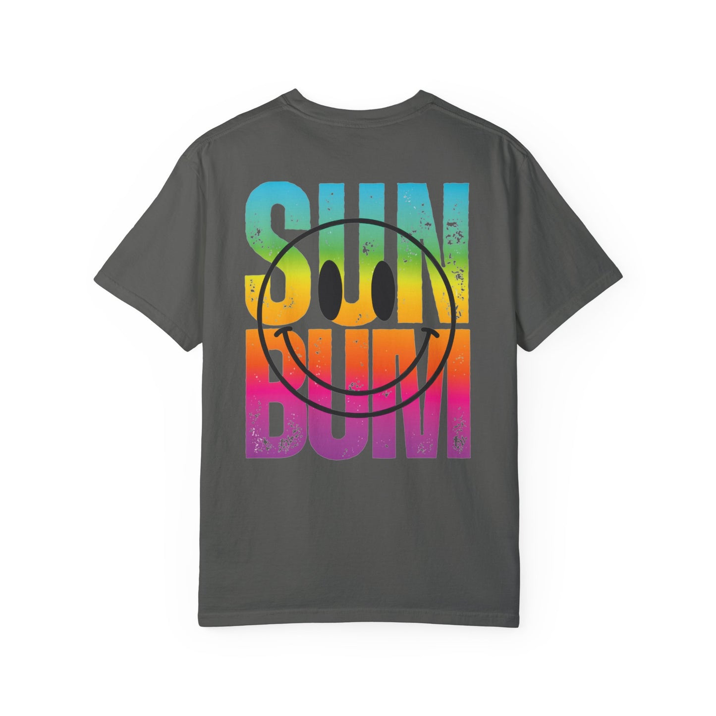 Sun Beach Life Unisex Garment-Dyed T-shirt, Summer, Spring Break, Bum Smiley Face Vacation Shirt, Front and Back Design, Large Back Design