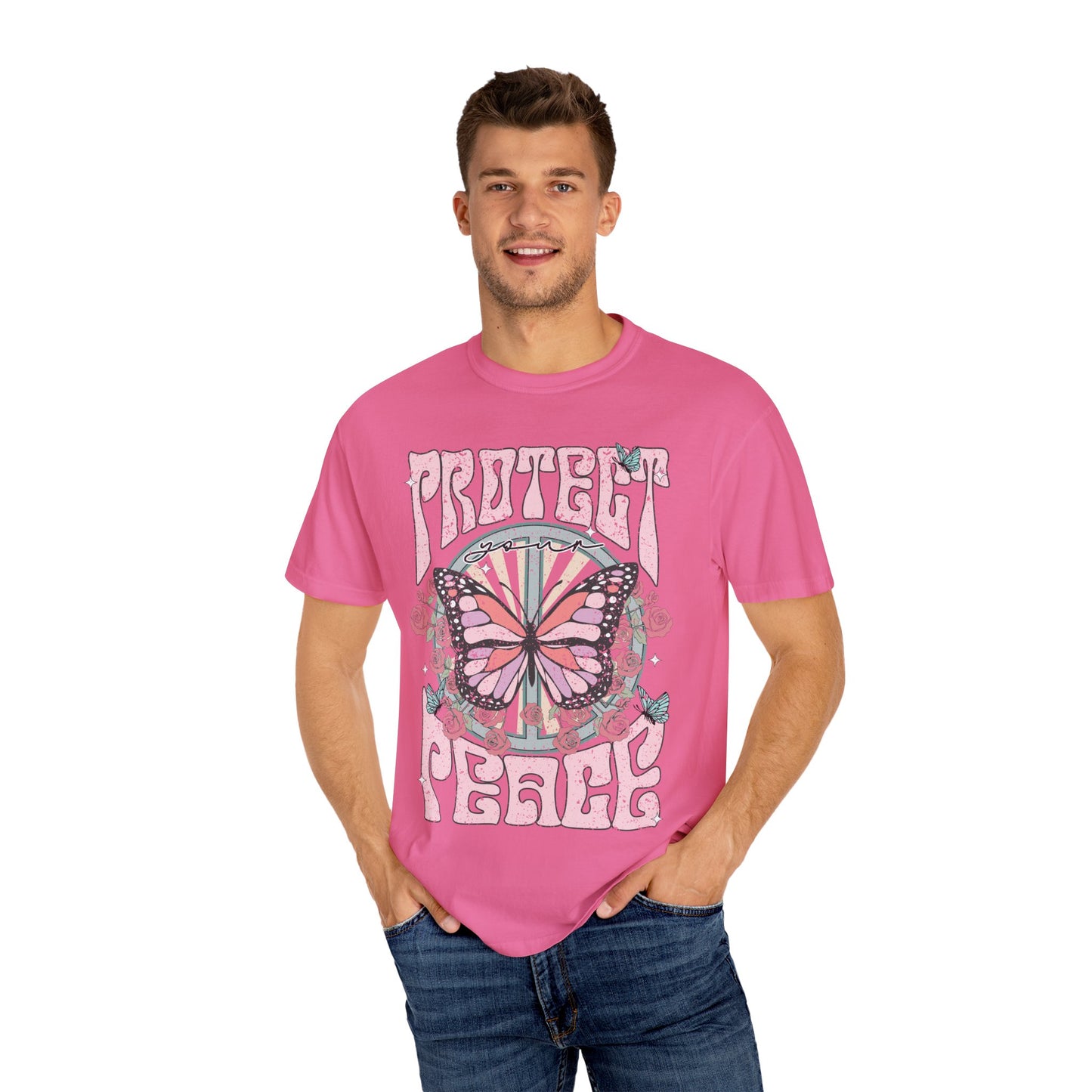 Uplifting Butterfly Unisex Garment-Dyed T-shirt, Spiritual Wellness Tee, Motivational Retro Tee, Trendy Tee for Peace, Protect Your Peace