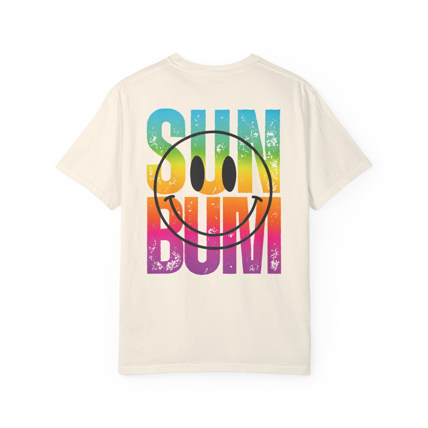 Sun Beach Life Unisex Garment-Dyed T-shirt, Summer, Spring Break, Bum Smiley Face Vacation Shirt, Front and Back Design, Large Back Design