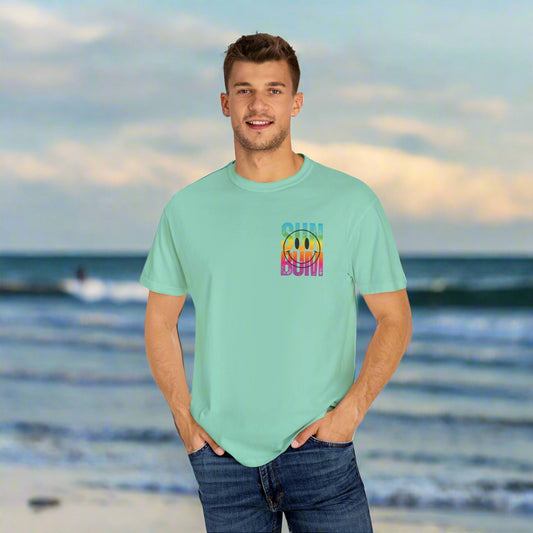 Sun Beach Life Unisex Garment-Dyed T-shirt, Summer, Spring Break, Bum Smiley Face Vacation Shirt, Front and Back Design, Large Back Design