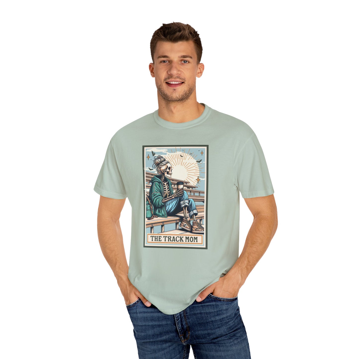 The Track Mom Skeleton Tarot Unisex Tee, Graphic T-Shirt, Unisex Garment-Dyed Shirt, Track Mom Tee, Tarot Lover Shirt, Skeleton