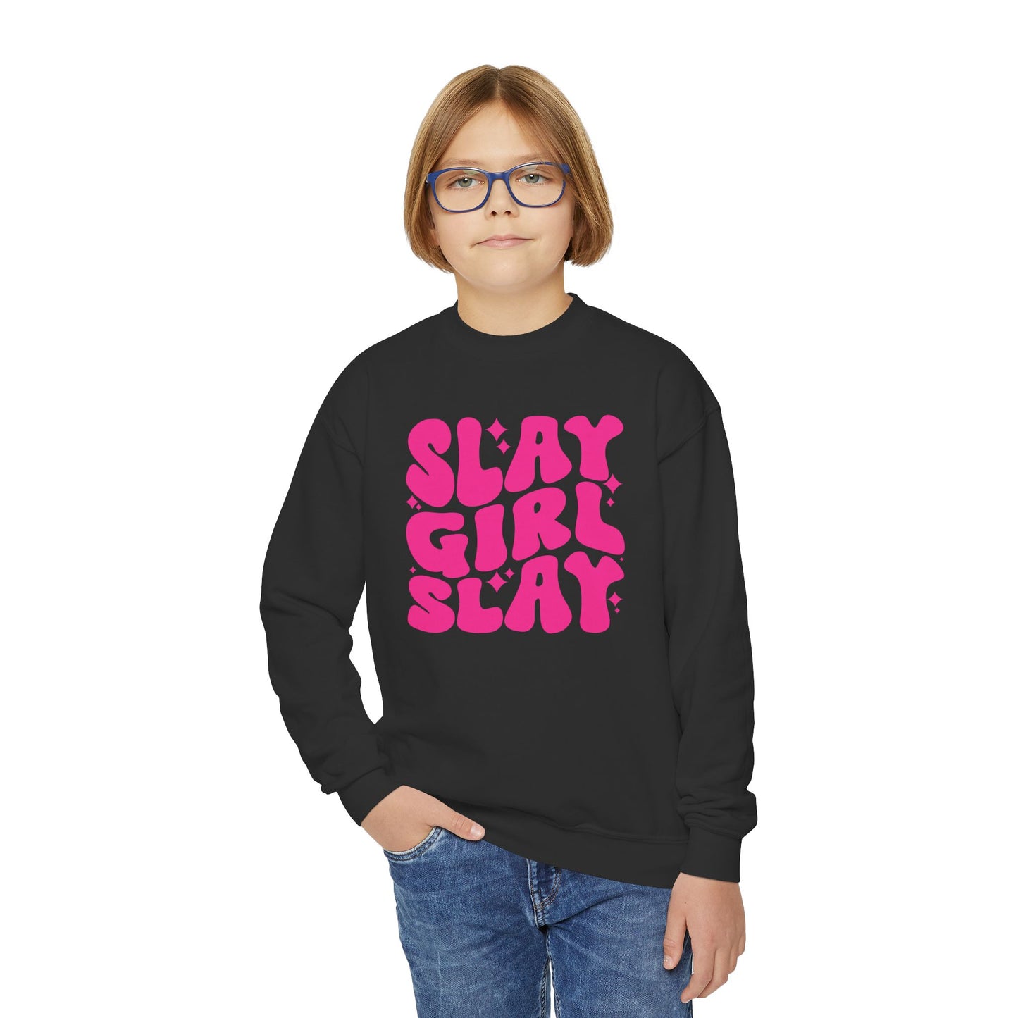 Slay Girl Slay Youth Sweatshirt, Girl Power Motivational Gift, Sporty Girl Crewneck Jumper, Empowerment Activewear, Girl Boss Top