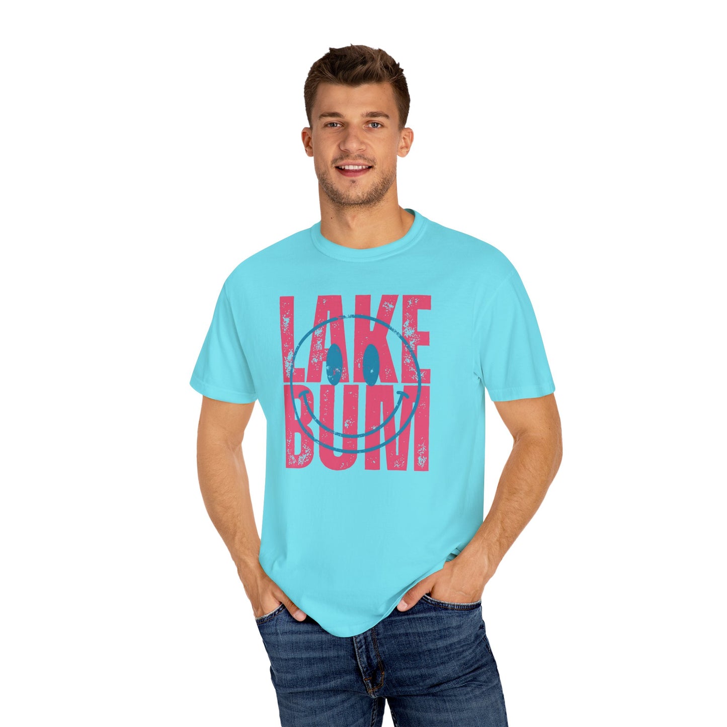 Lake Bum Life T-shirt, Summer Vacation Shirt, Smiley Face Tee for Spring Break, Unisex Garment-Dyed