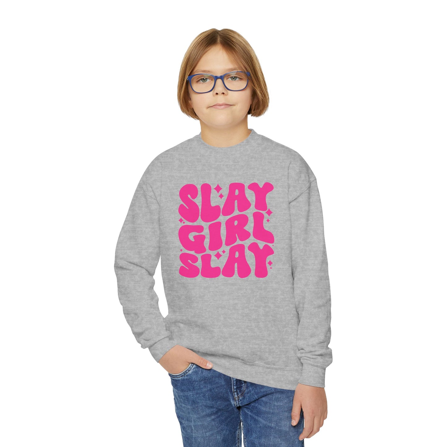 Slay Girl Slay Youth Sweatshirt, Girl Power Motivational Gift, Sporty Girl Crewneck Jumper, Empowerment Activewear, Girl Boss Top