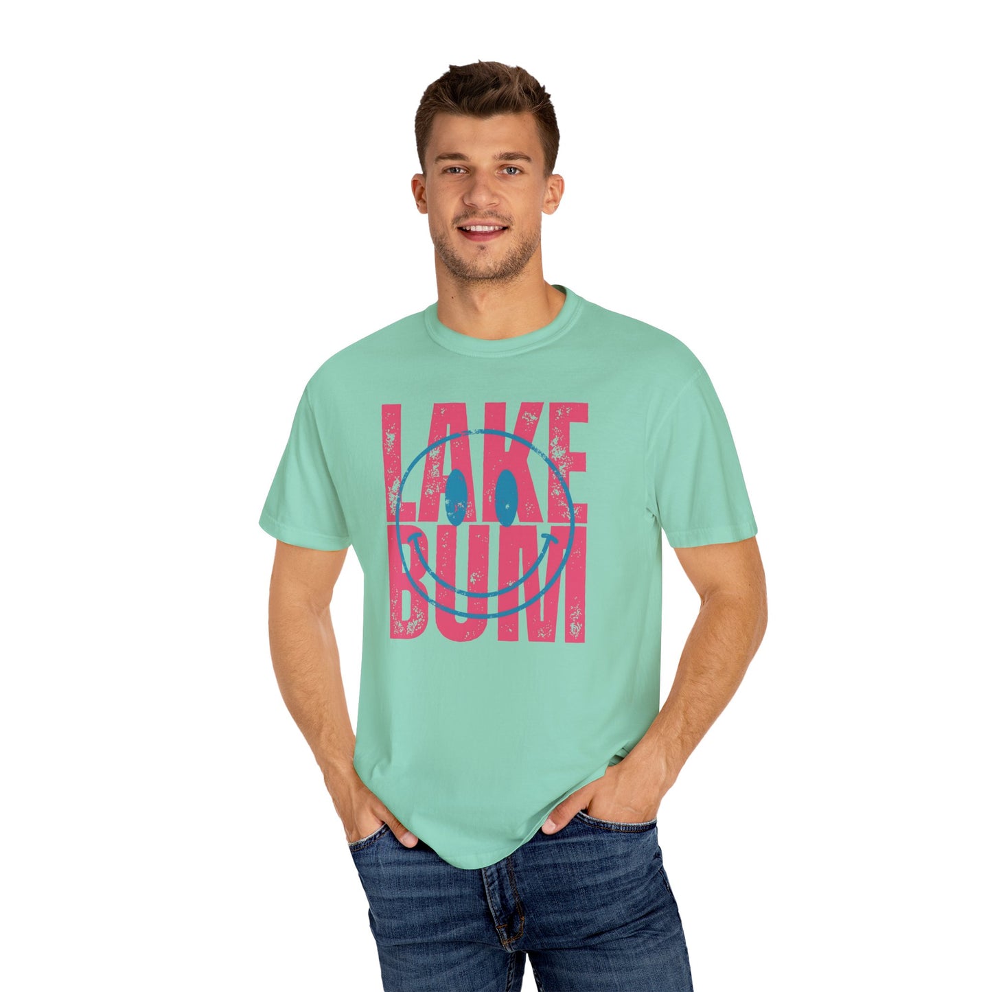 Lake Bum Life T-shirt, Summer Vacation Shirt, Smiley Face Tee for Spring Break, Unisex Garment-Dyed