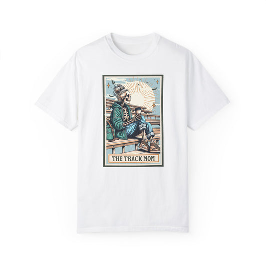 The Track Mom Skeleton Tarot Unisex Tee, Graphic T-Shirt, Unisex Garment-Dyed Shirt, Track Mom Tee, Tarot Lover Shirt, Skeleton