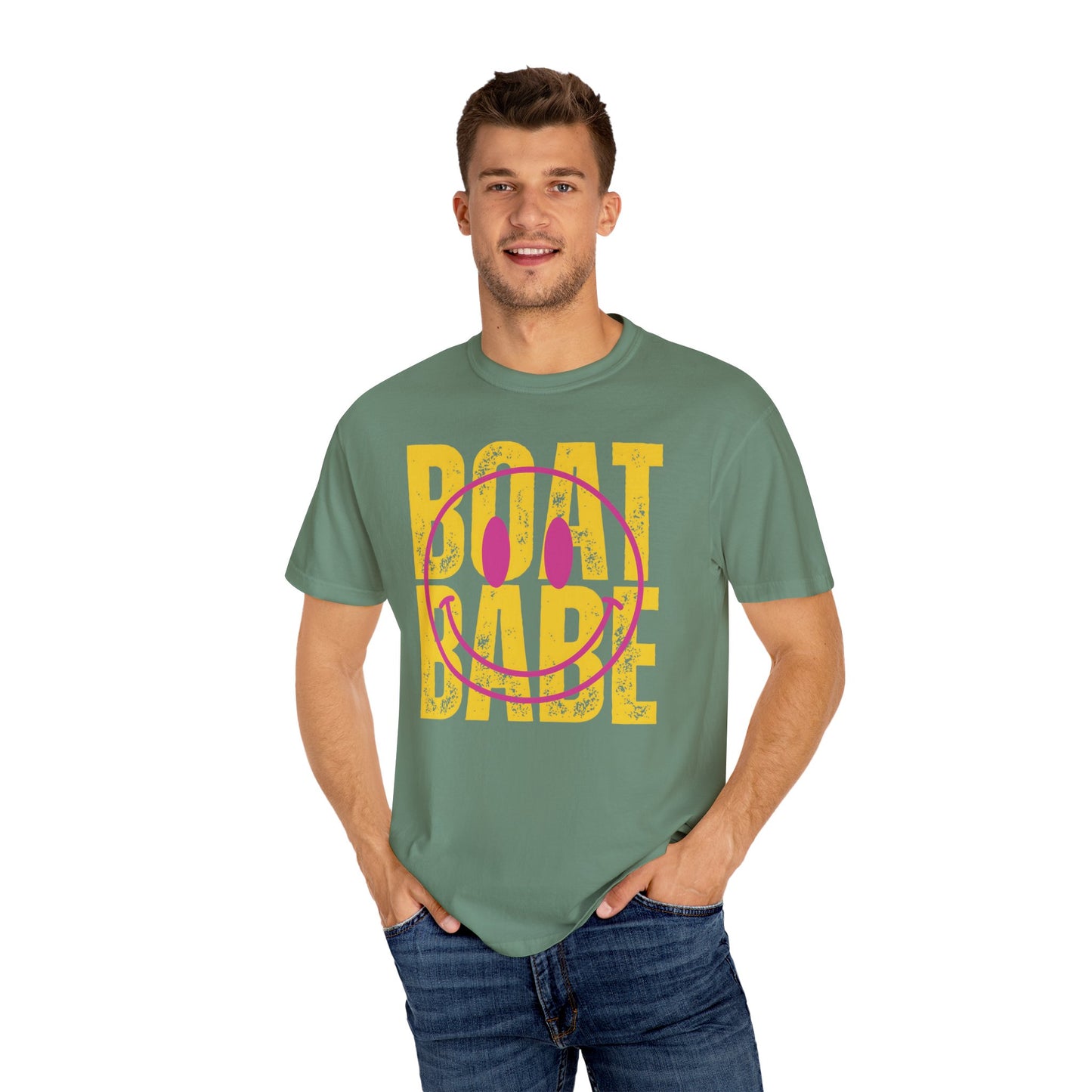 Boat Babe Summer Vacation T-shirt, Smiley Face Tee for Spring Break, Unisex Garment-Dyed Shirt, Girls Trip Tee