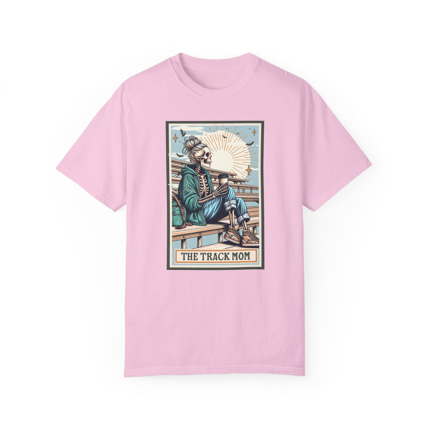 The Track Mom Skeleton Tarot Unisex Tee, Graphic T-Shirt, Unisex Garment-Dyed Shirt, Track Mom Tee, Tarot Lover Shirt, Skeleton