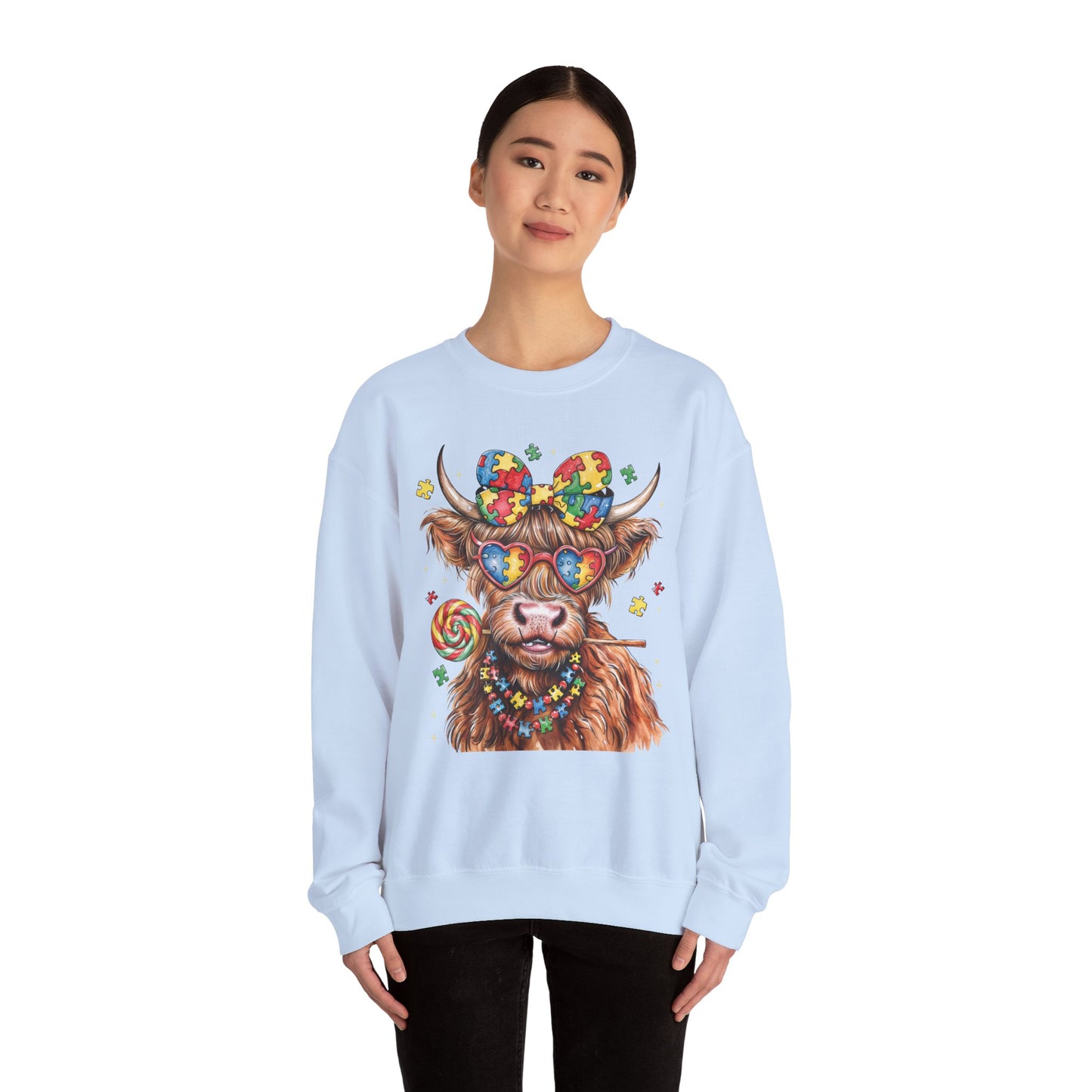 Autism Highland Cow Crewneck Sweatshirt, Autism Awareness, Ribbon Design, Autism Awareness Coquette Bow, Pullover