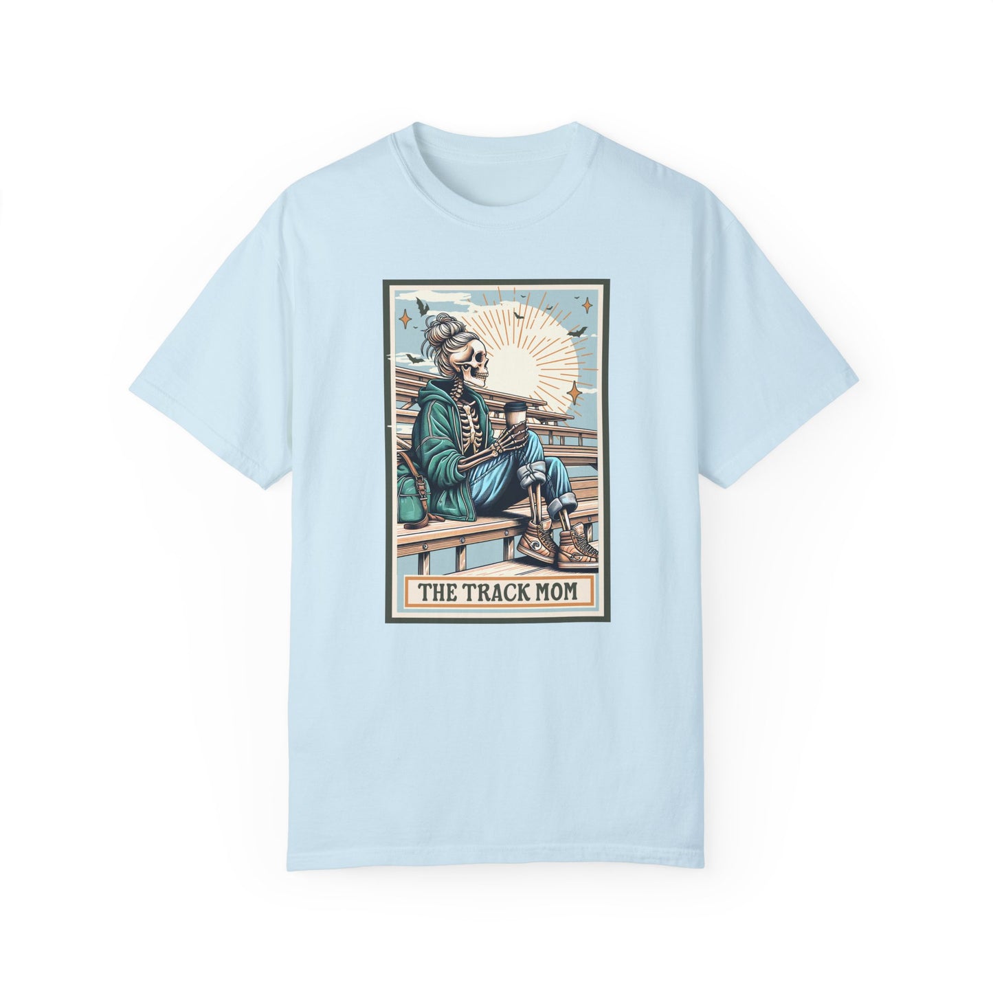 The Track Mom Skeleton Tarot Unisex Tee, Graphic T-Shirt, Unisex Garment-Dyed Shirt, Track Mom Tee, Tarot Lover Shirt, Skeleton