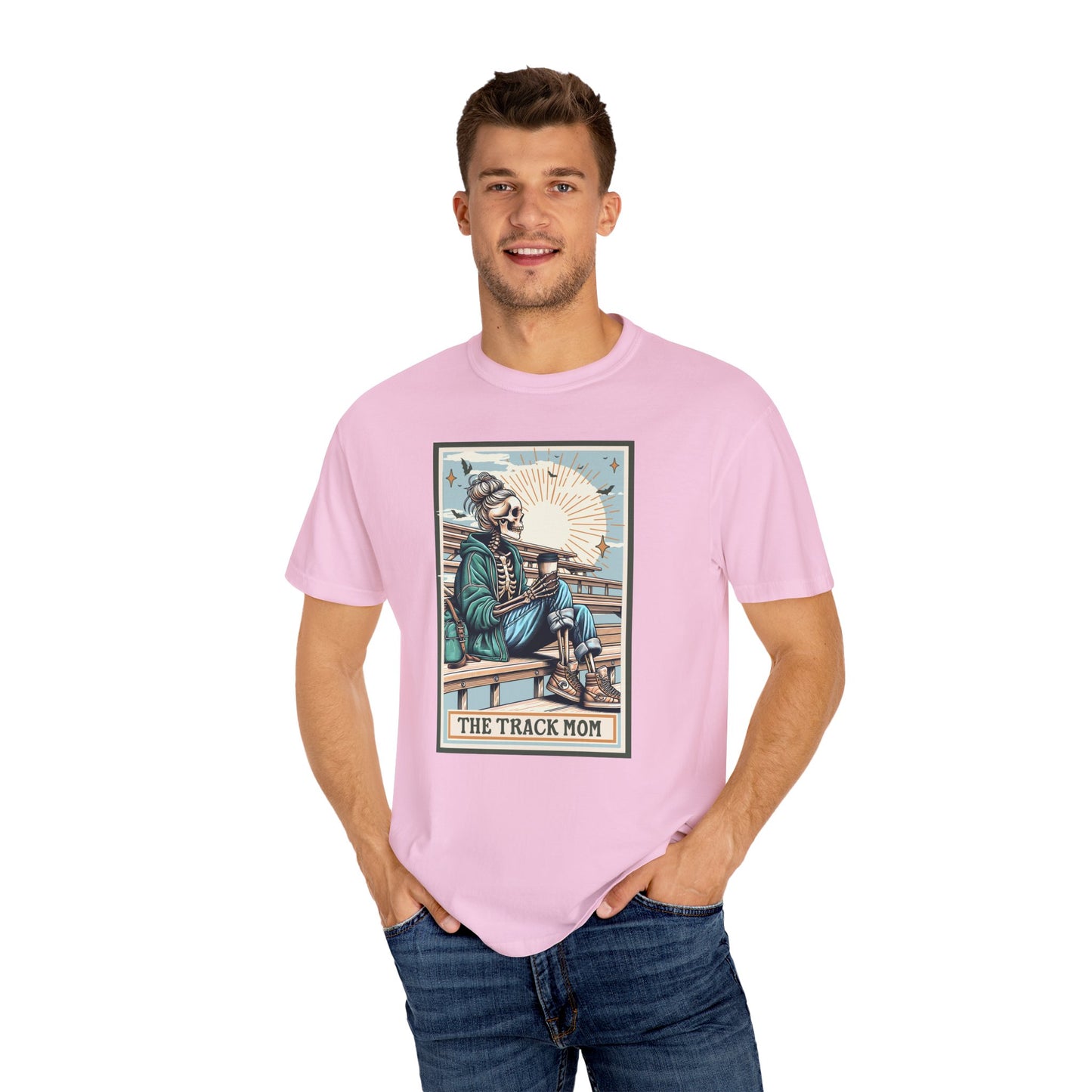 The Track Mom Skeleton Tarot Unisex Tee, Graphic T-Shirt, Unisex Garment-Dyed Shirt, Track Mom Tee, Tarot Lover Shirt, Skeleton