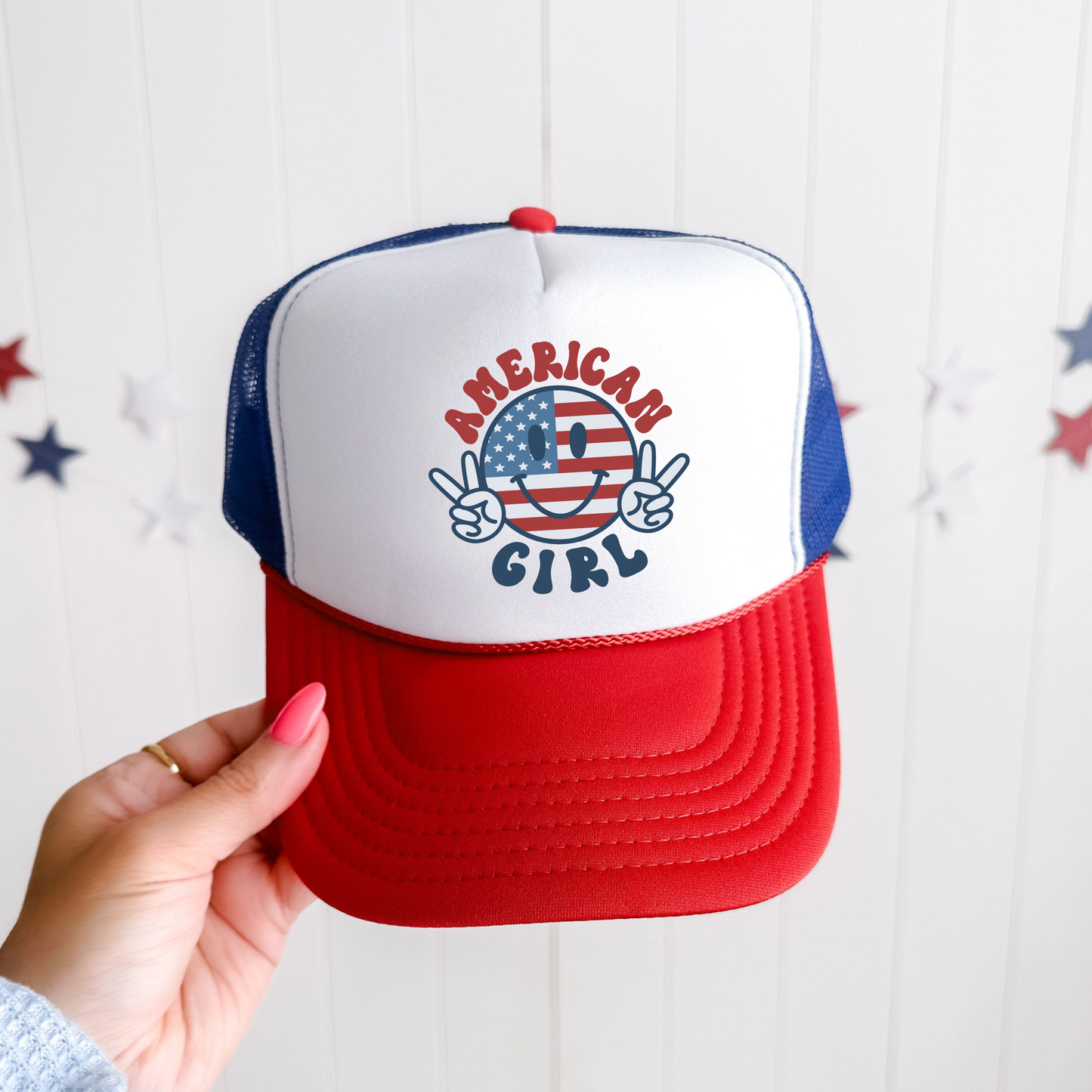 American Girl Trucker Hat 💖 Patriotic Peace Sign Snapback