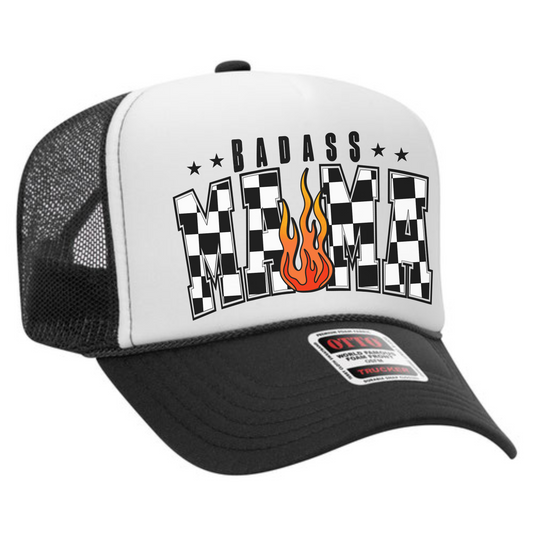 Badass Mama Trucker Hat 🔥 Checkered Flame Snapback