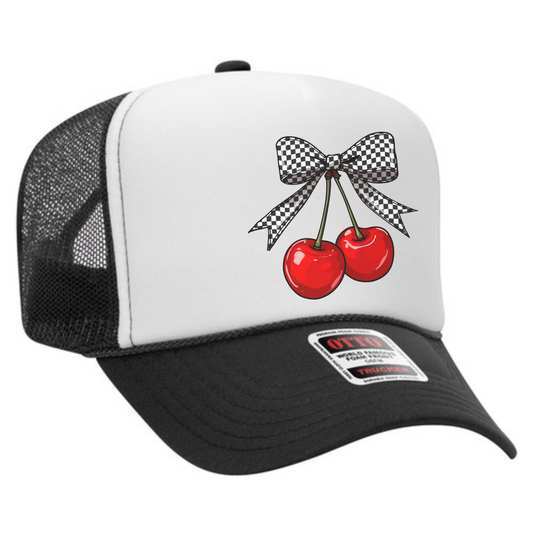 Cherry Checkered Bow Trucker Hat 🍒 Y2K Coquette Snapback