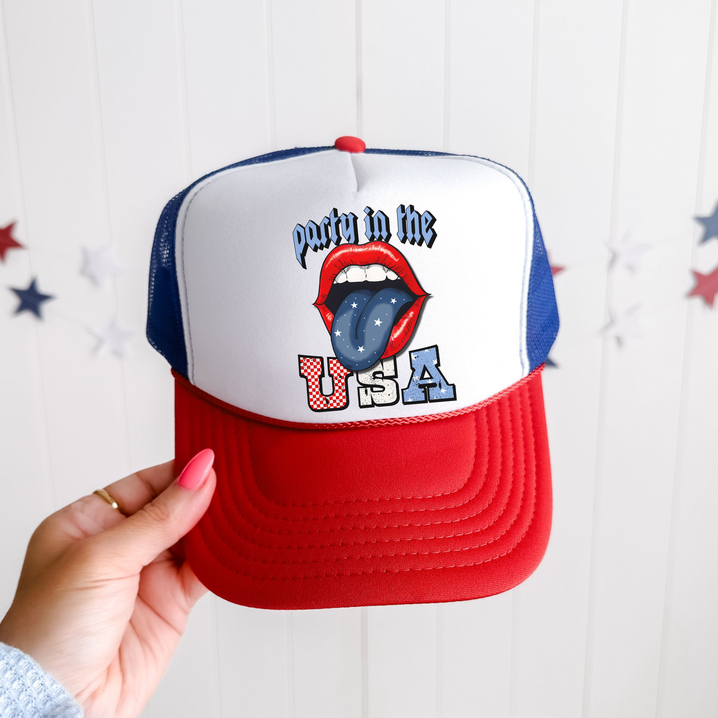 Party in the USA Trucker Hat 💋 Red White Blue Lips Snapback