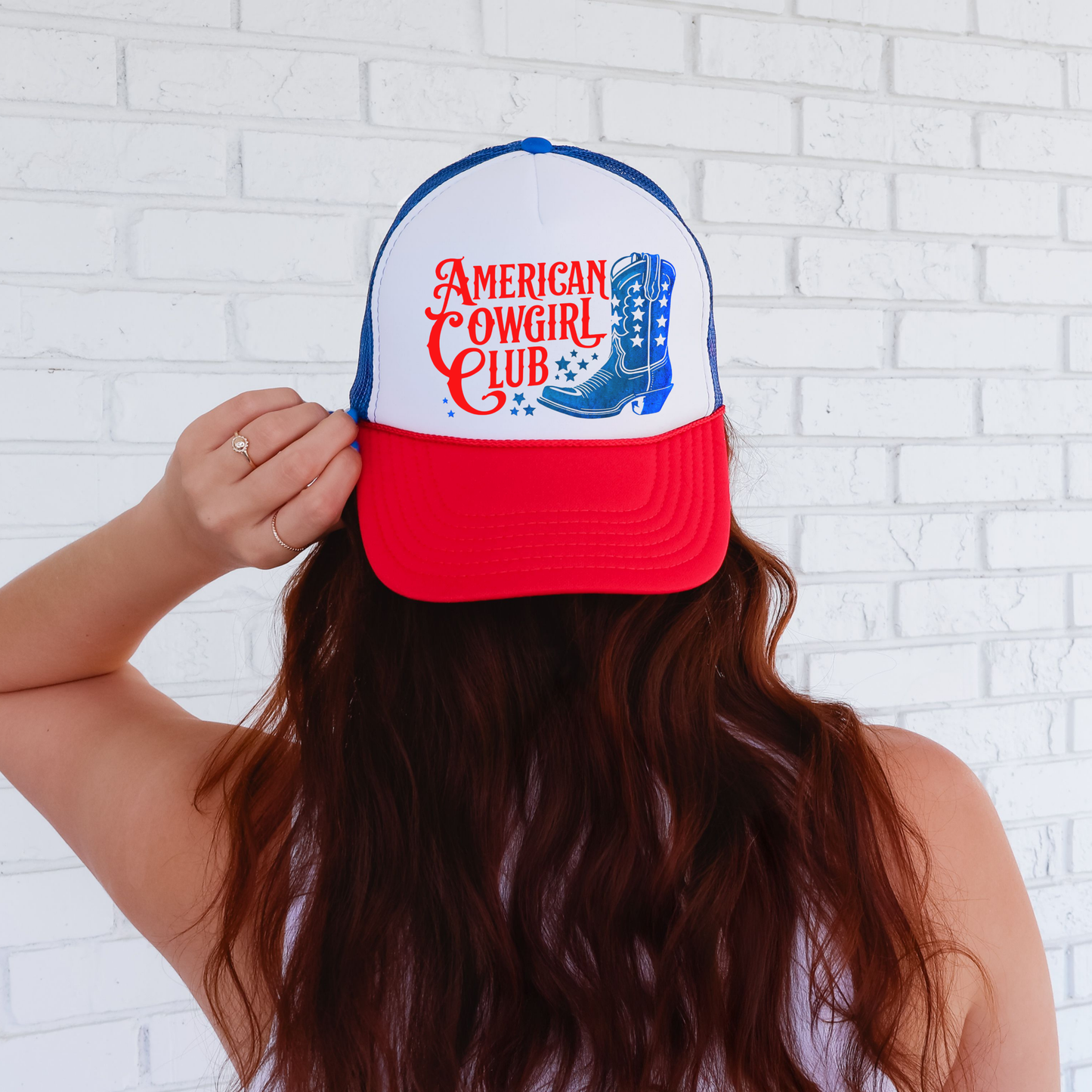 American Cowgirl Club Hat 🤠 Patriotic Rodeo Trucker Cap