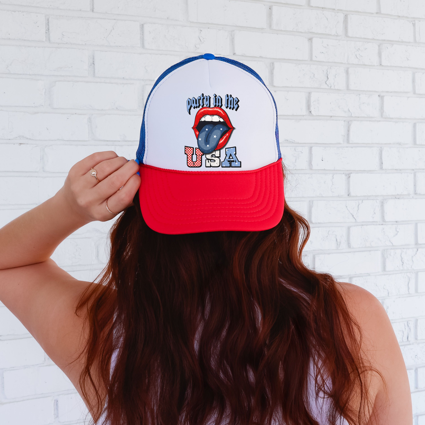 Party in the USA Trucker Hat 💋 Red White Blue Lips Snapback