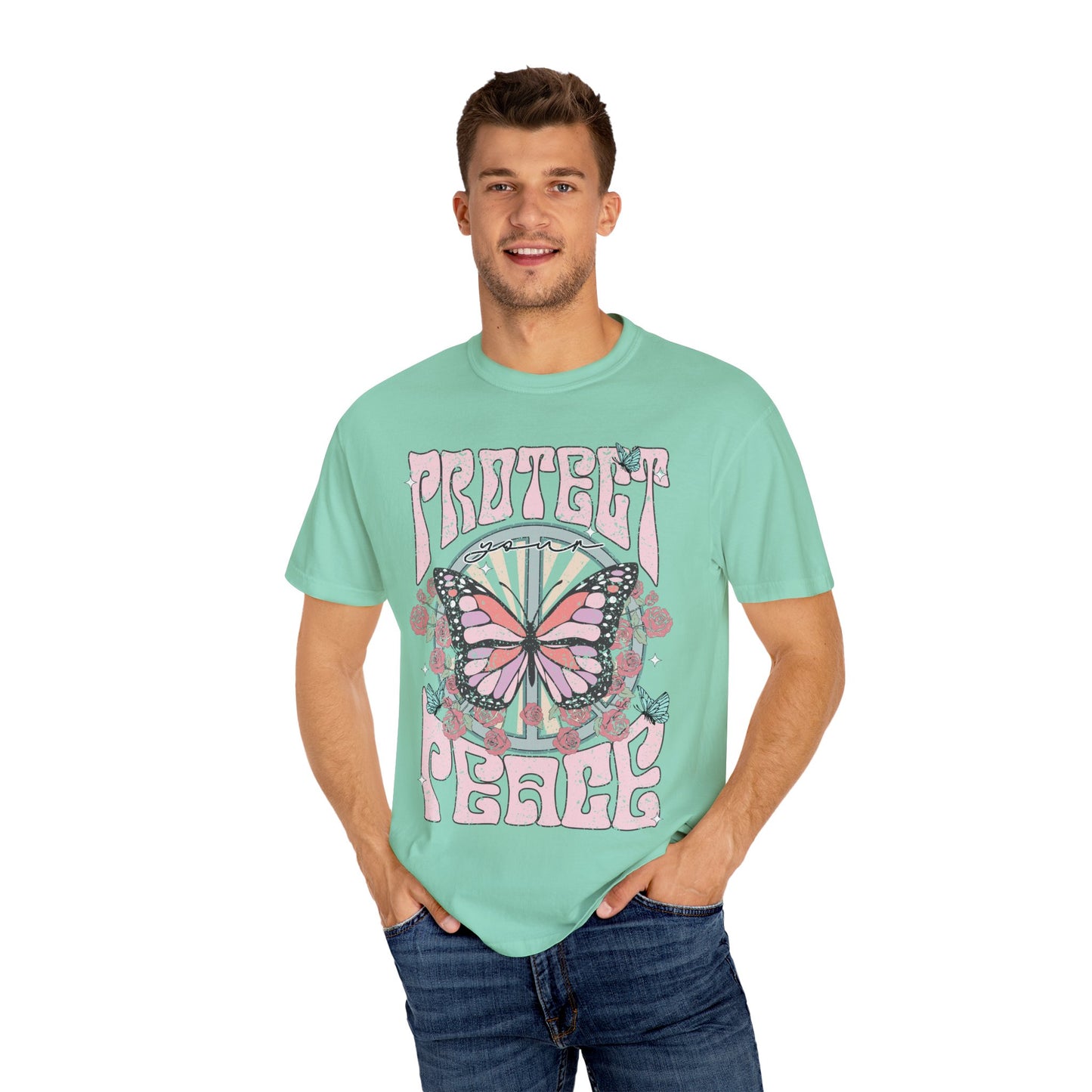 Uplifting Butterfly Unisex Garment-Dyed T-shirt, Spiritual Wellness Tee, Motivational Retro Tee, Trendy Tee for Peace, Protect Your Peace