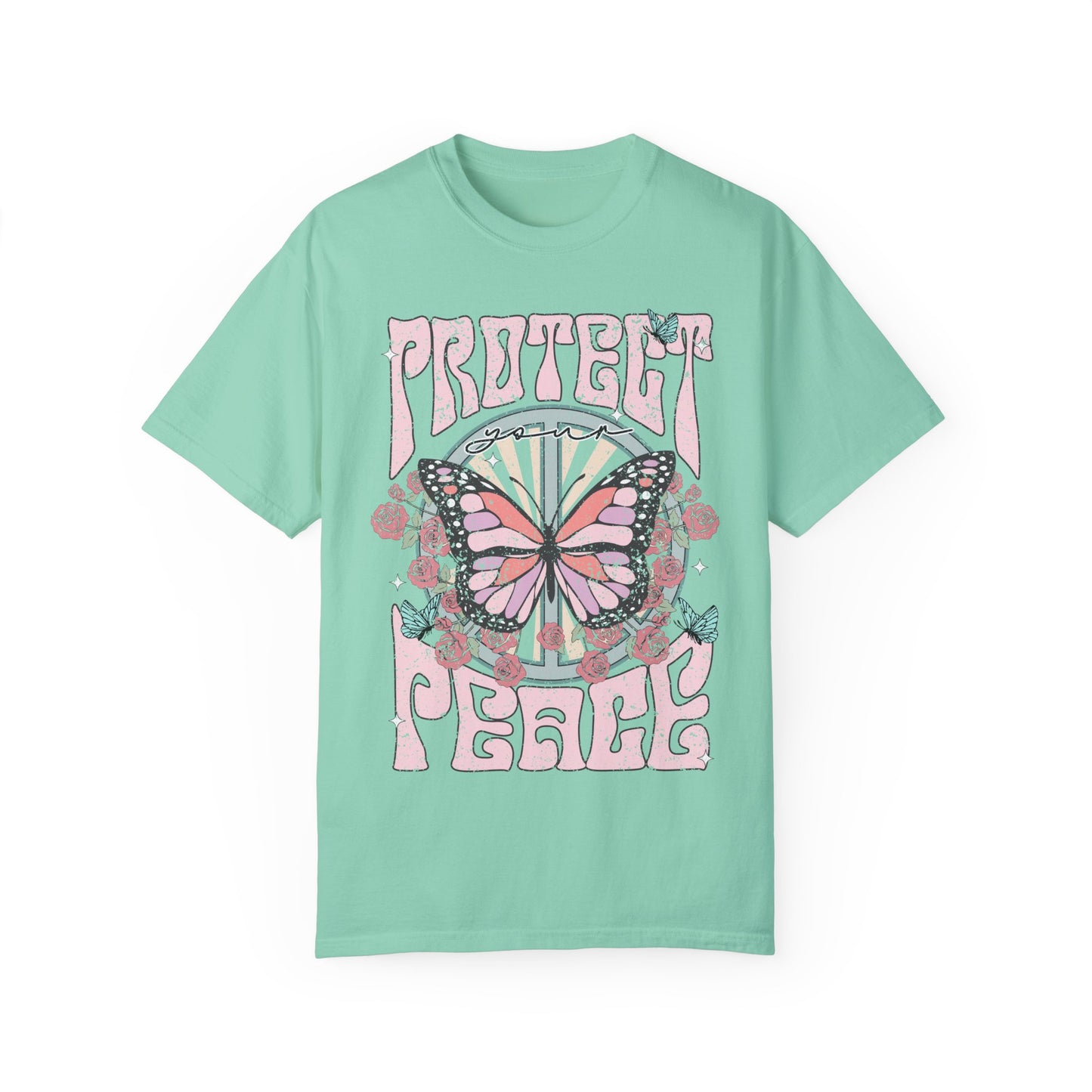 Uplifting Butterfly Unisex Garment-Dyed T-shirt, Spiritual Wellness Tee, Motivational Retro Tee, Trendy Tee for Peace, Protect Your Peace