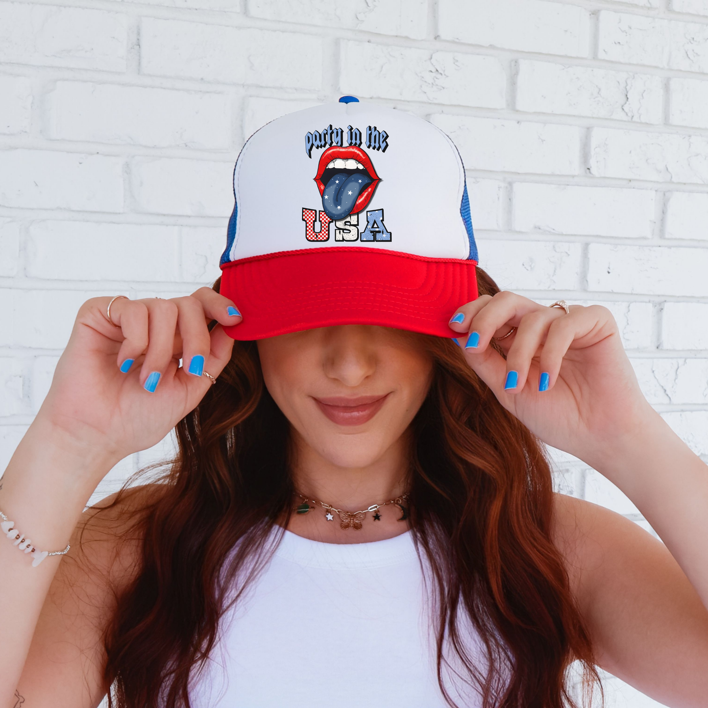 Party in the USA Trucker Hat 💋 Red White Blue Lips Snapback