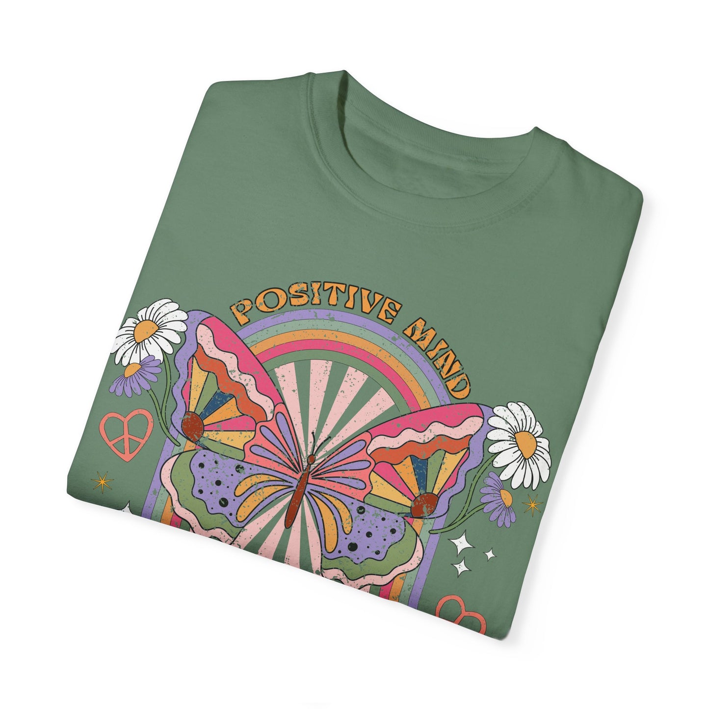 Butterfly Retro Hippy T-shirt, Positive Mind Happy Soul Tee, Spiritual Wellness, Uplifting, Motivational, Unisex Garment-Dyed Shirt, Vintage