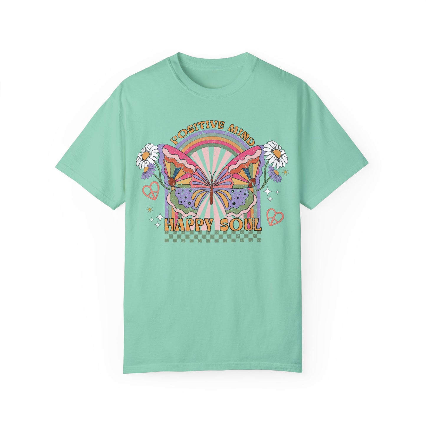 Butterfly Retro Hippy T-shirt, Positive Mind Happy Soul Tee, Spiritual Wellness, Uplifting, Motivational, Unisex Garment-Dyed Shirt, Vintage