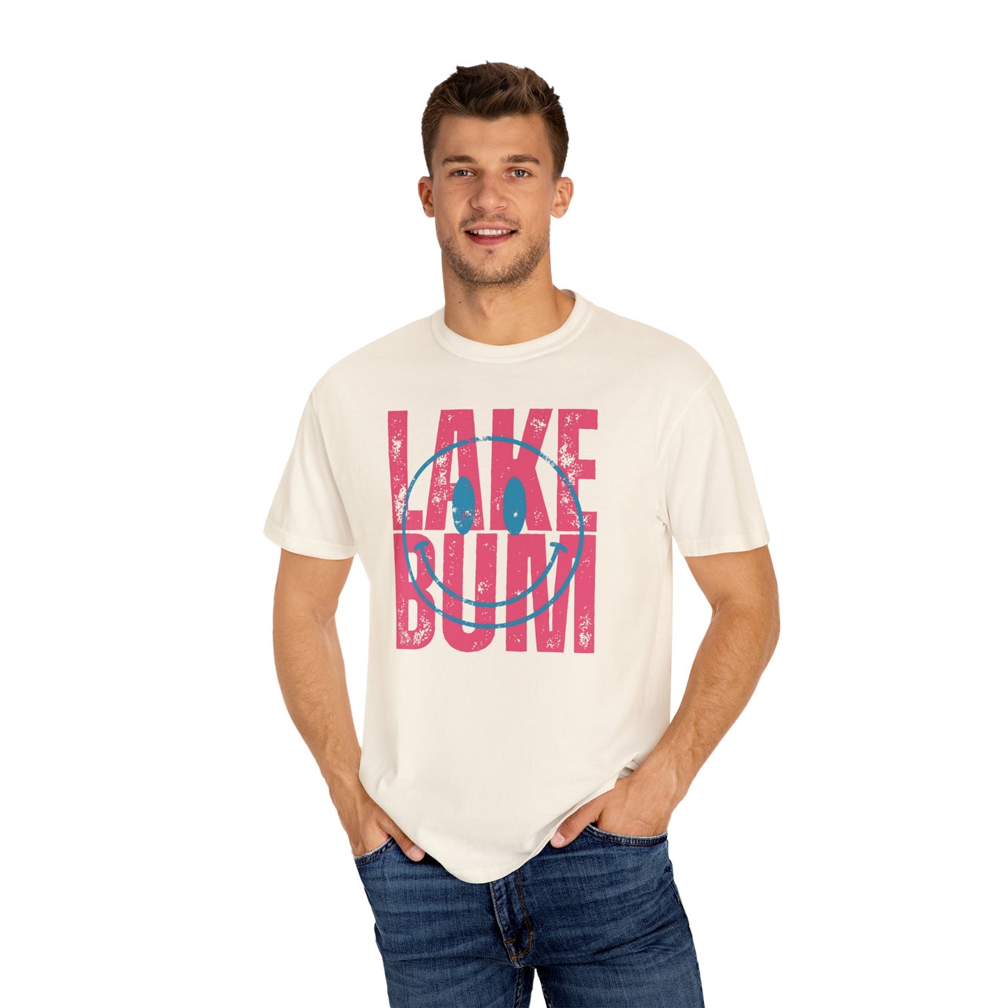 Lake Bum Life T-shirt, Summer Vacation Shirt, Smiley Face Tee for Spring Break, Unisex Garment-Dyed