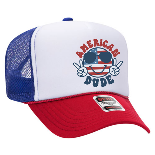 American Dude Trucker Hat 😎 Patriotic Peace Sign Snapback