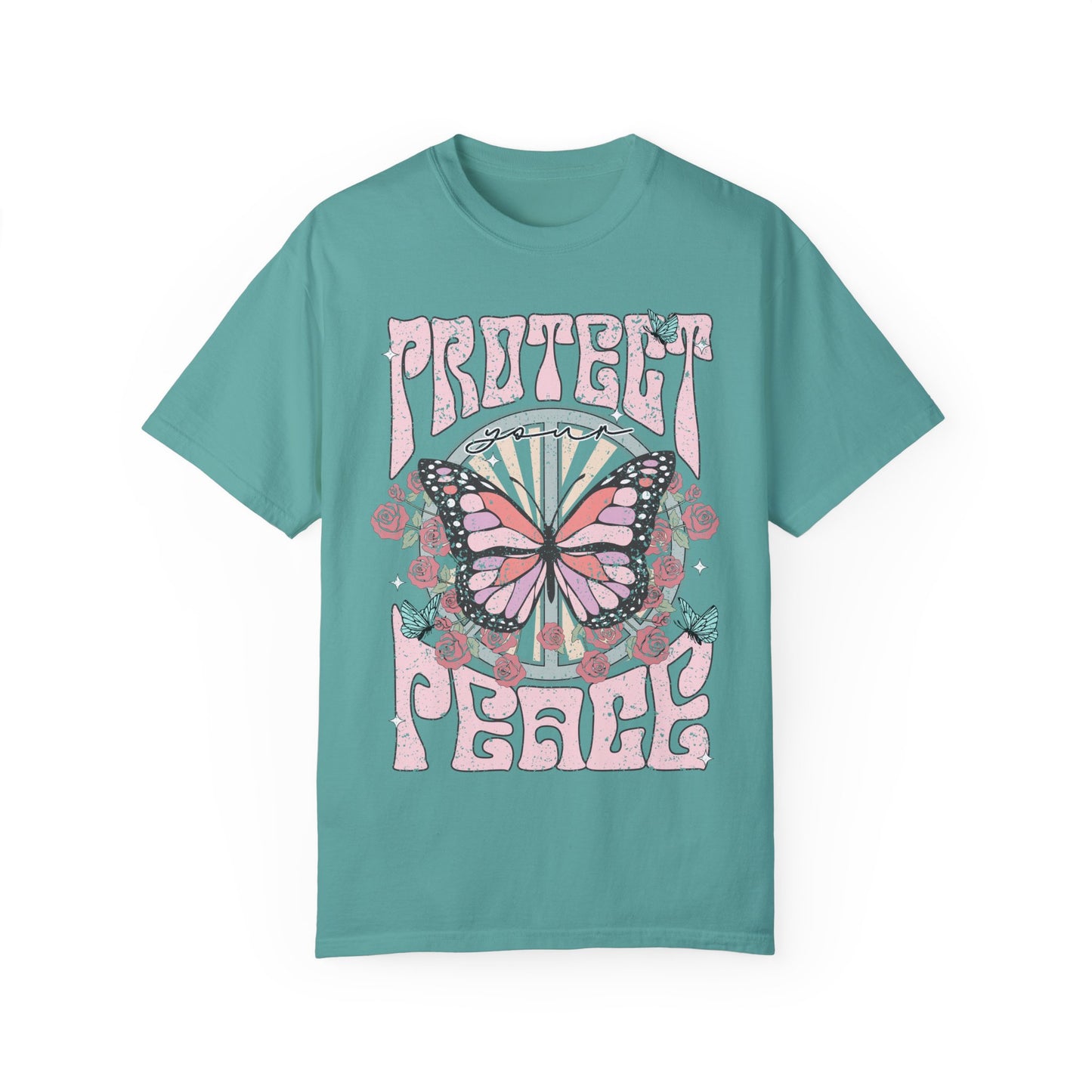 Uplifting Butterfly Unisex Garment-Dyed T-shirt, Spiritual Wellness Tee, Motivational Retro Tee, Trendy Tee for Peace, Protect Your Peace