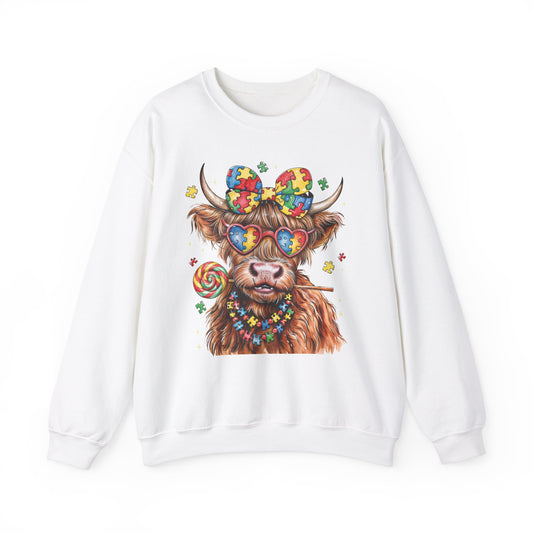 Autism Highland Cow Crewneck Sweatshirt, Autism Awareness, Ribbon Design, Autism Awareness Coquette Bow, Pullover