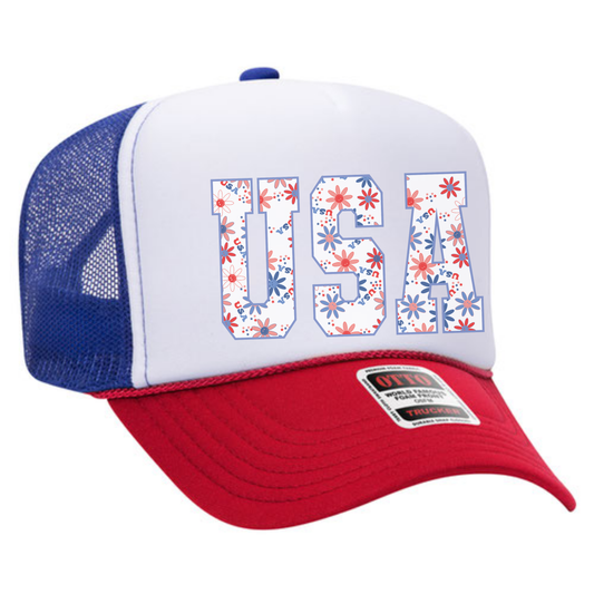 USA Floral Trucker Hat 🌸 Red White Blue Summer Snapback