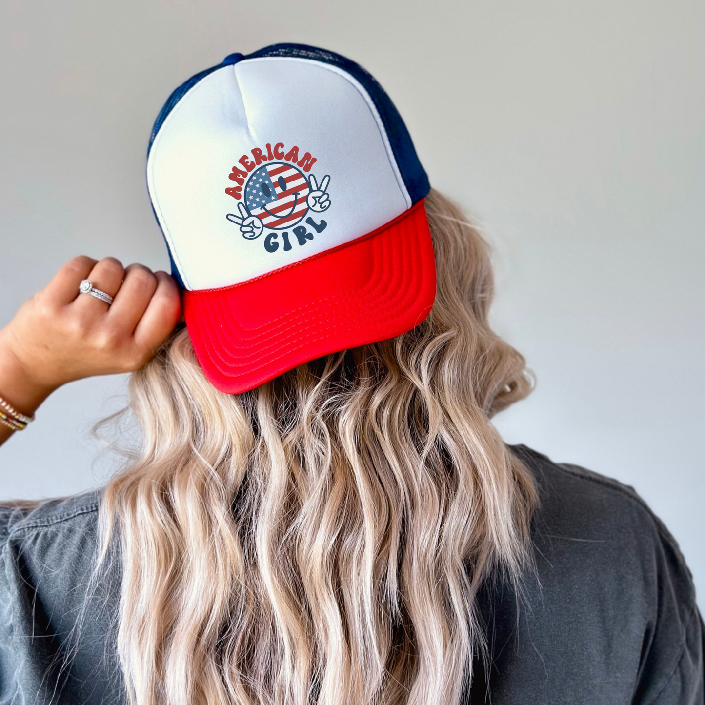 American Girl Trucker Hat 💖 Patriotic Peace Sign Snapback