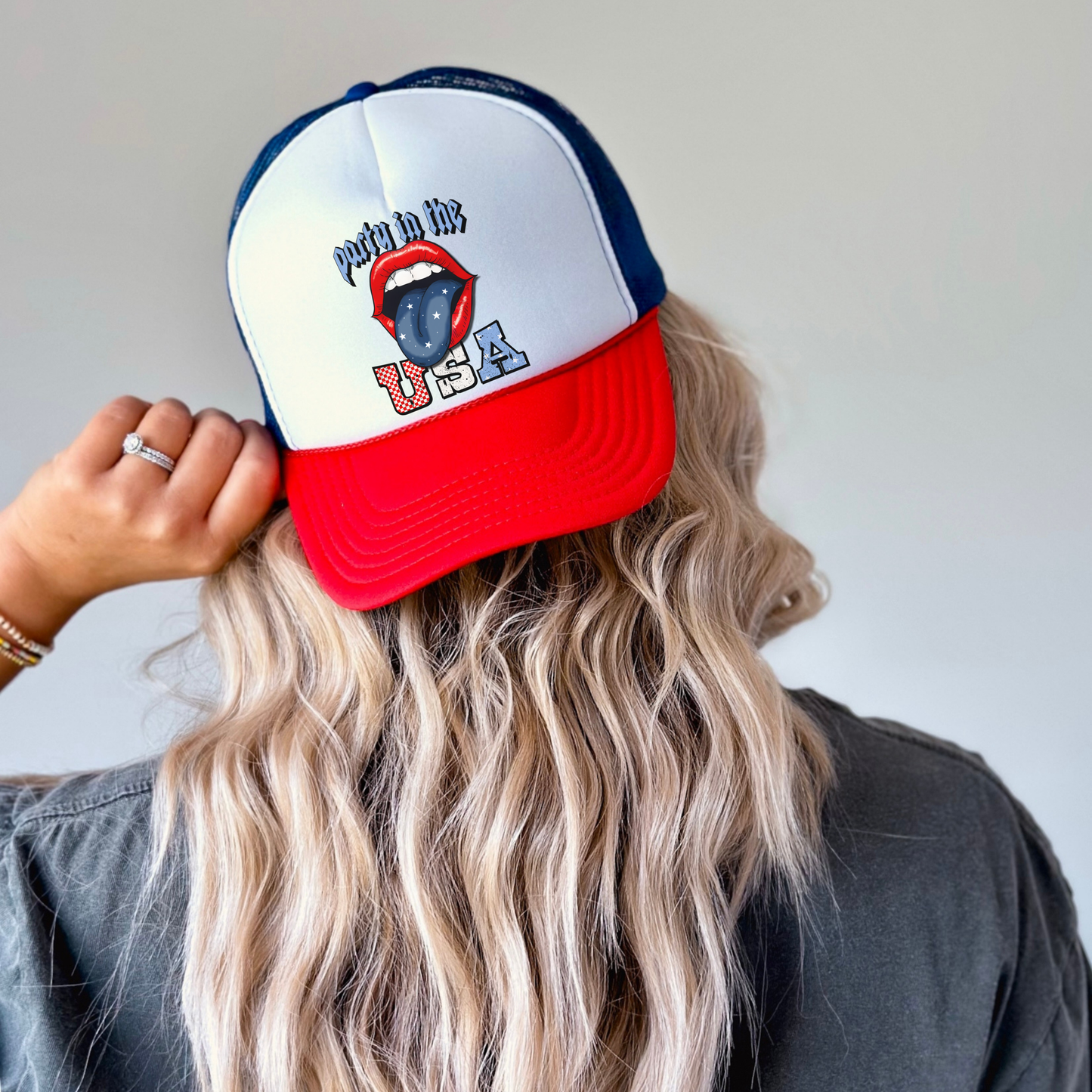 Party in the USA Trucker Hat 💋 Red White Blue Lips Snapback