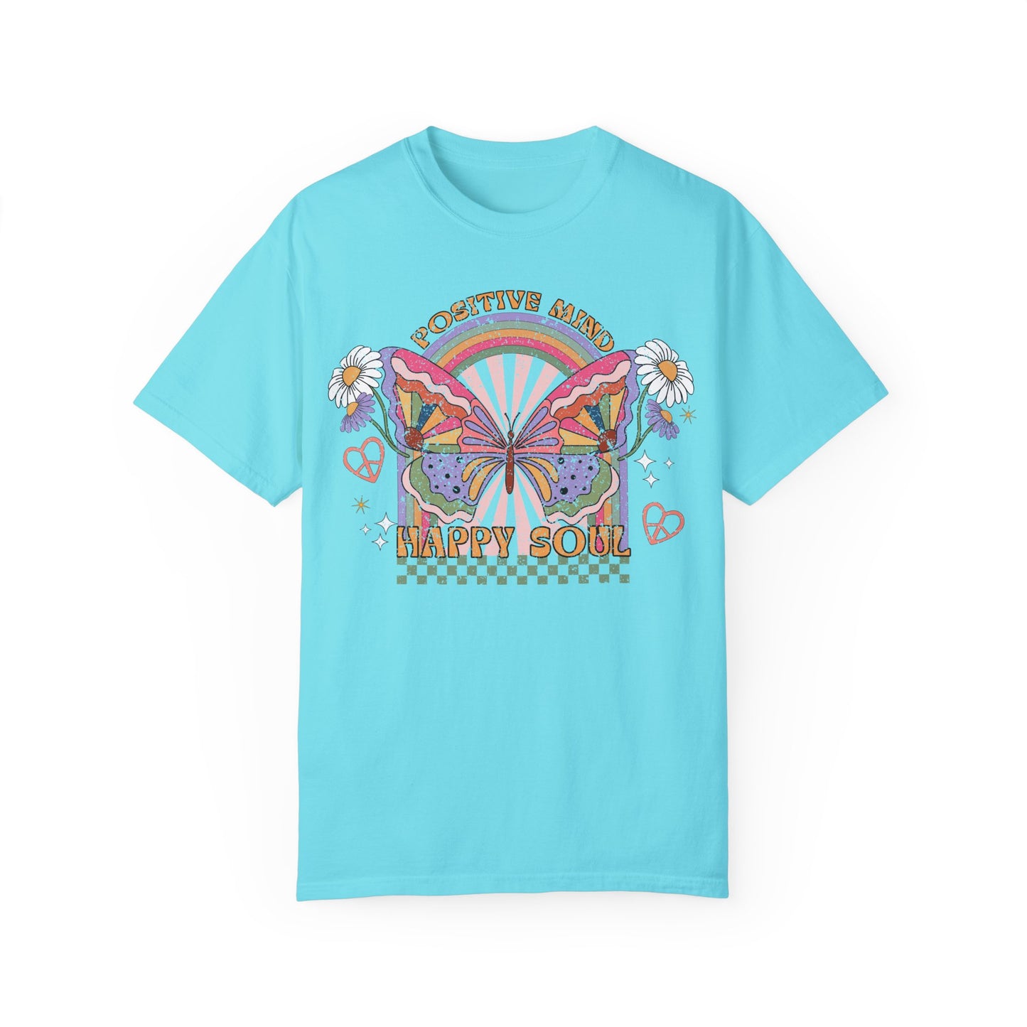 Butterfly Retro Hippy T-shirt, Positive Mind Happy Soul Tee, Spiritual Wellness, Uplifting, Motivational, Unisex Garment-Dyed Shirt, Vintage