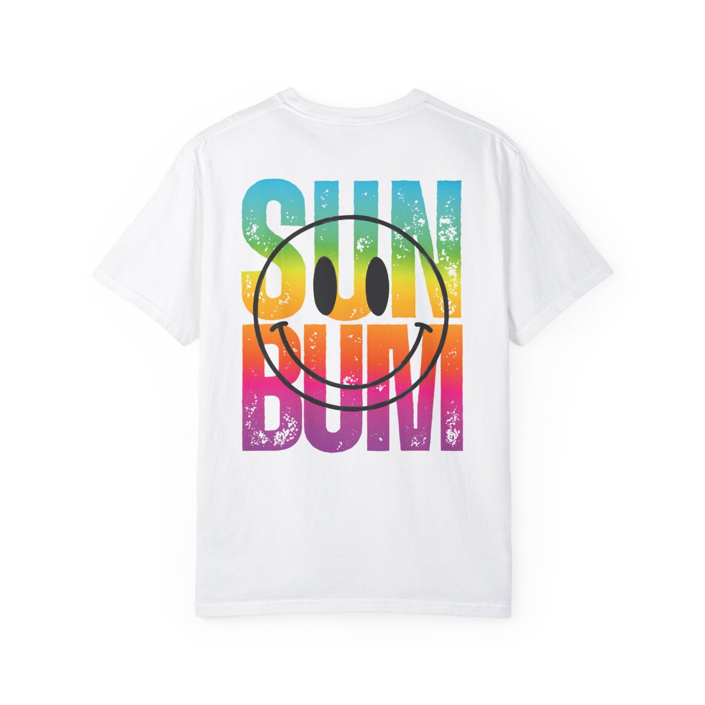 Sun Beach Life Unisex Garment-Dyed T-shirt, Summer, Spring Break, Bum Smiley Face Vacation Shirt, Front and Back Design, Large Back Design