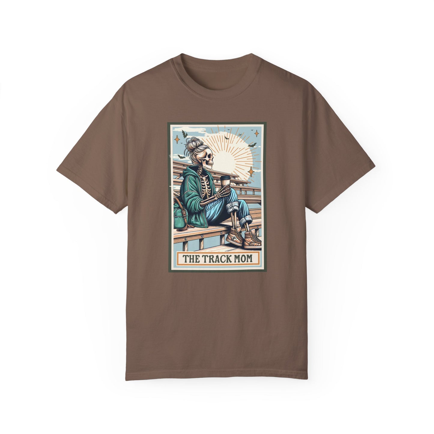 The Track Mom Skeleton Tarot Unisex Tee, Graphic T-Shirt, Unisex Garment-Dyed Shirt, Track Mom Tee, Tarot Lover Shirt, Skeleton