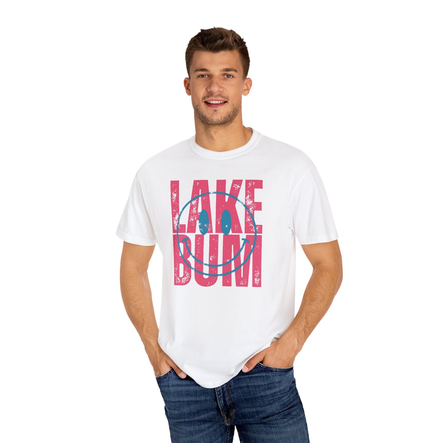 Lake Bum Life T-shirt, Summer Vacation Shirt, Smiley Face Tee for Spring Break, Unisex Garment-Dyed