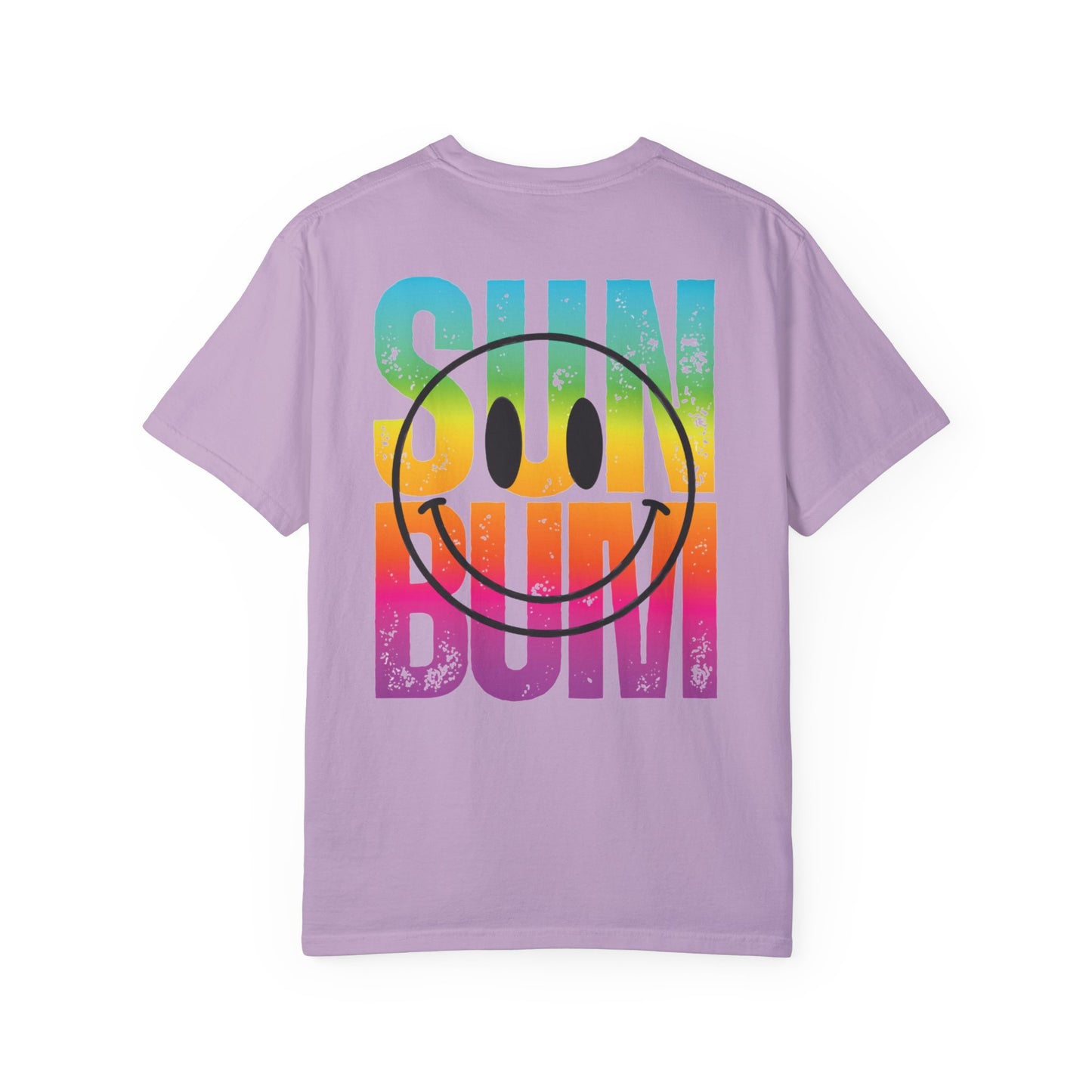 Sun Beach Life Unisex Garment-Dyed T-shirt, Summer, Spring Break, Bum Smiley Face Vacation Shirt, Front and Back Design, Large Back Design