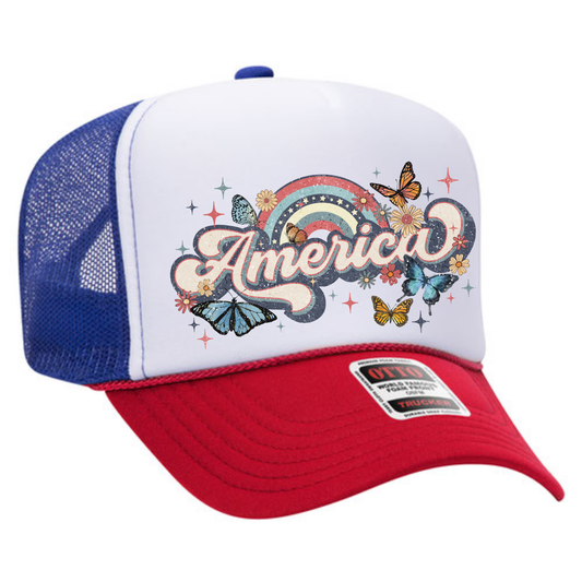 Retro America Trucker Hat 🦋 Rainbow & Butterfly Patriotic Cap