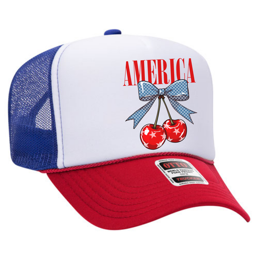 America Cherry Trucker Hat 🍒 Patriotic Coquette Snapback