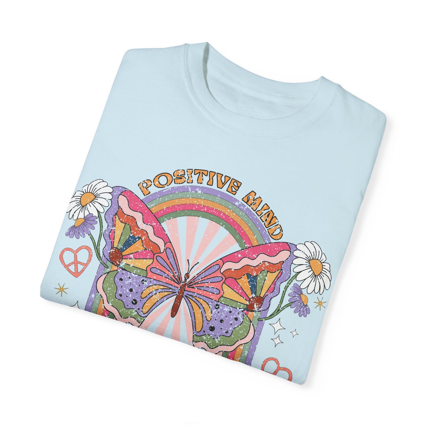 Butterfly Retro Hippy T-shirt, Positive Mind Happy Soul Tee, Spiritual Wellness, Uplifting, Motivational, Unisex Garment-Dyed Shirt, Vintage